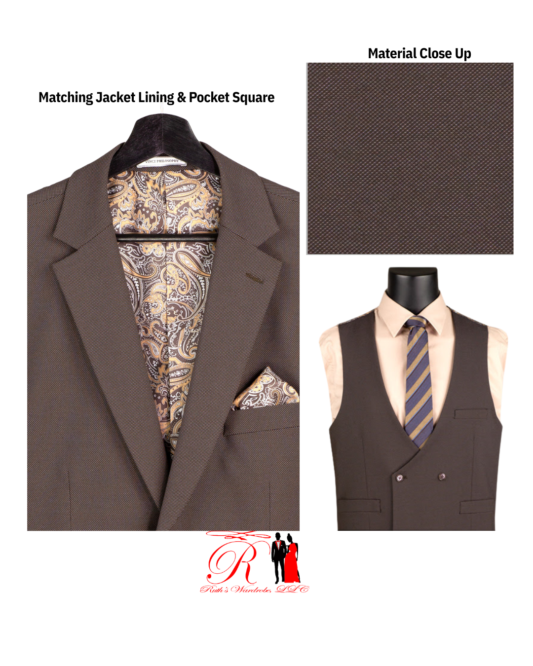 Vinci Modern Fit Single Breasted 3-Piece Suit with Matching Pocket Square & Jacket Lining Men's Suit Collection