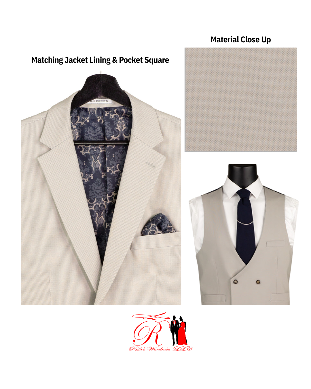 Vinci Modern Fit Single Breasted 3-Piece Suit with Matching Pocket Square & Jacket Lining Men's Suit Collection