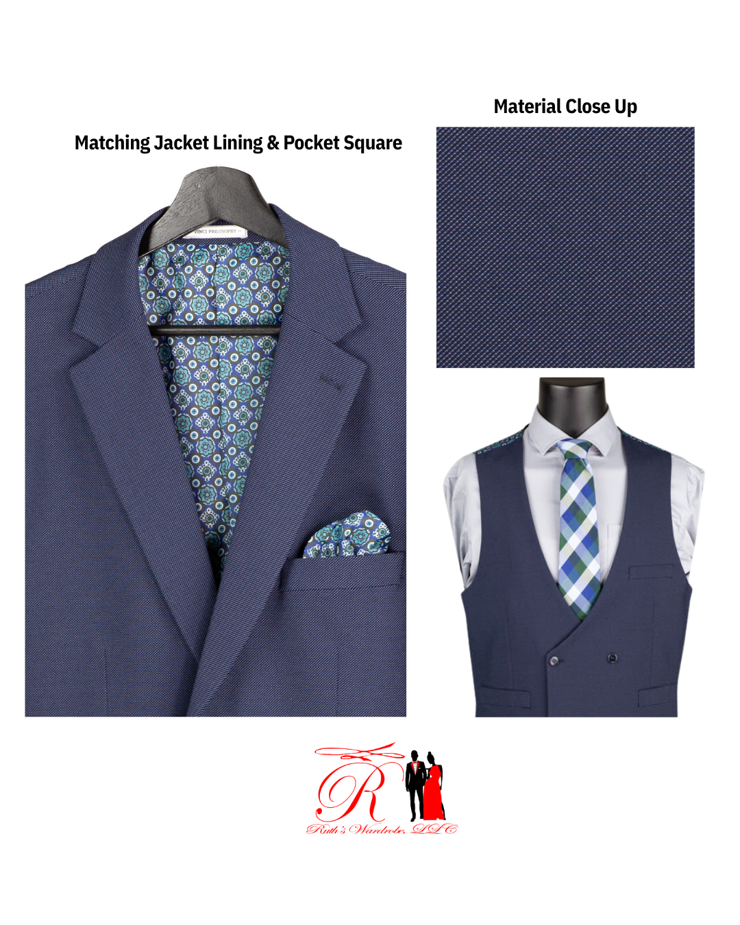 Vinci Modern Fit Single Breasted 3-Piece Suit with Matching Pocket Square & Jacket Lining Men's Suit Collection