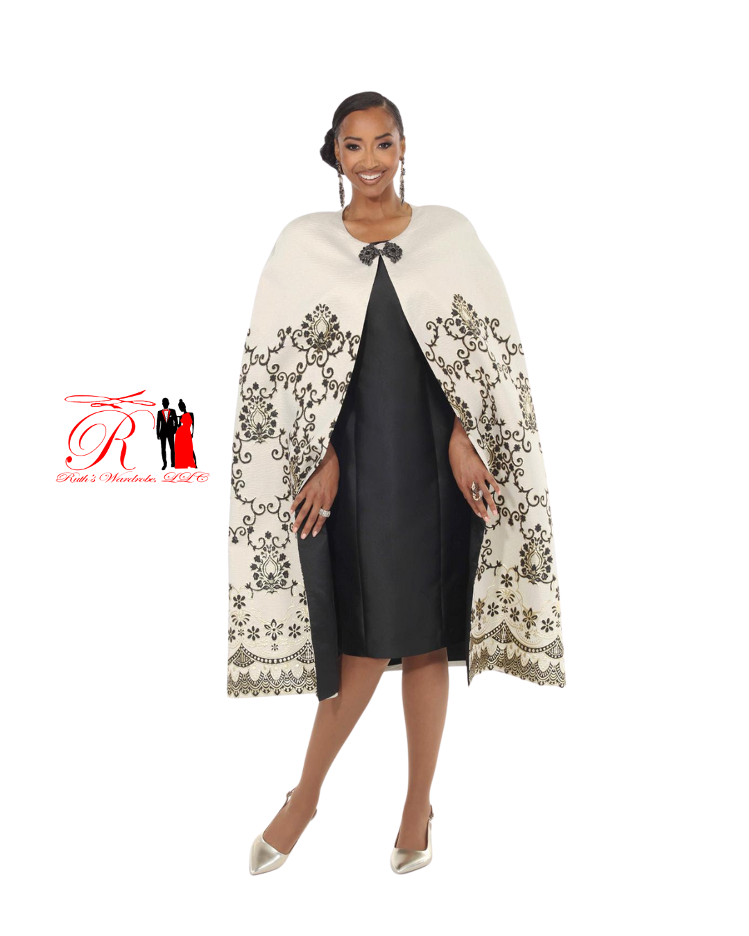 Vinci Lisa Rene Champagne & Black 2 Piece Cape & Dress Set