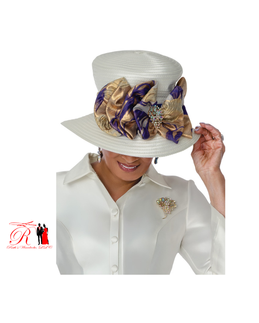 Spring Collection-Dorinda Clark Cole White, Purple & Gold Dress With Matching Hat (DCC310241)